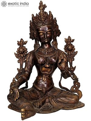 15" Tibetan Buddhist Deity Green Tara In Brass | Handmade | Made In India