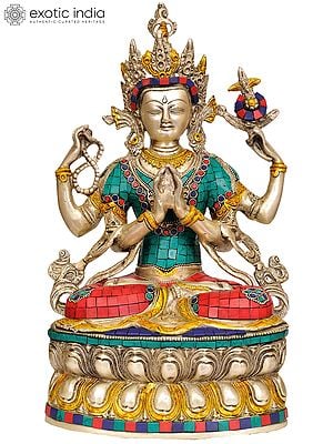 14" Tibetan Buddhist Deity- Chenrezig Shadakshari Lokeshvara In Brass | Handmade | Made In India