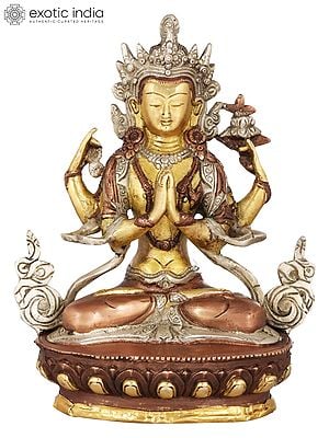 8" Tibetan Buddhist Deity Chenrezig Brass Statue (Shadakshari Lokeshvara) | Handmade | Made in India