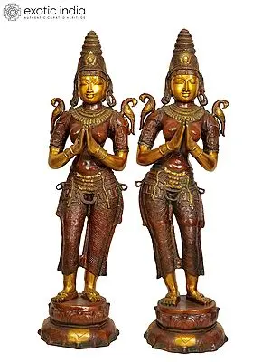 45" A Pair of Namaste Ladies in Welcome (Large Size) In Brass | Handmade | Made In India