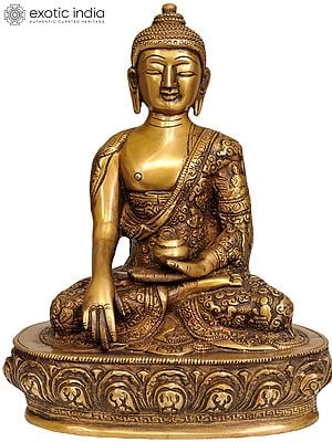 9" Lord Buddha in Bhumisparsha Mudra (Robes Decorated with the Scenes from His Life) In Brass | Handmade | Made In India