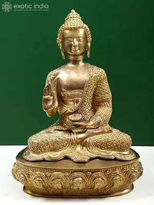 16" Shakyamuni Buddha in Teaching Mudra with Lotus on His Garment and Om Mani Padme Hum on Reverse In Brass | Handmade | Made In India