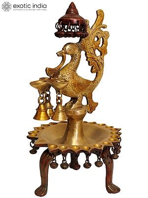 14" Peacock Lamp with Ghungroos and Bells in Brass | Handmade | Made in India