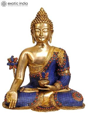 17" Lapis Healing Buddha (Inlay Statue) In Brass | Handmade | Made In India