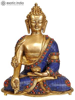 14" Tibetan Buddhist Lapis Buddha of Healing (Inlay Work) In Brass | Handmade | Made In India