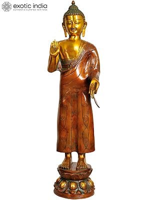 33" Large Size Standing Buddha Idol Granting Abhaya | Handmade Brass Statue | Made in India