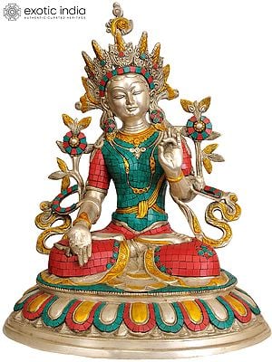 18" Inlay Statue of White Tara (Tibetan Buddhist Deity) | Brass | Handmade | Made In India