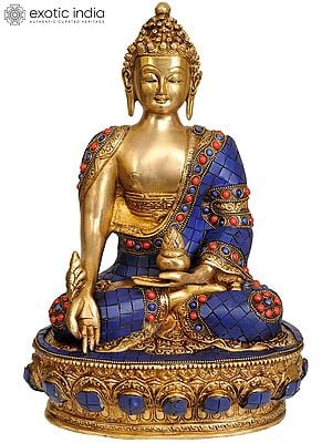 12" Lapis Healing Buddha (Tibetan Buddhist Deity)   with the Scenes of Life of Buddha on Reverse In Brass | Handmade | Made In India