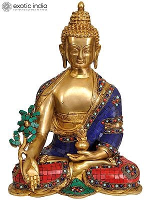 14" The Medicine Buddha with Myrobalan (Arura) Plant (Tibetan Buddhist Deity) In Brass | Handmade | Made In India