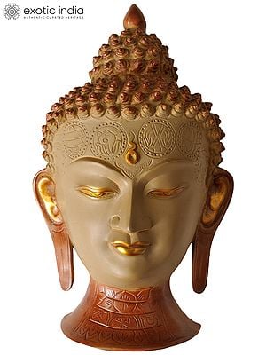 11" Lord Buddha Wall Hanging Mask (Forehead Engraved with Auspicious Symbols) in Brass | Handmade | Made in India