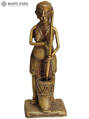 7" Tribal Lady Grinding Corn in Ukhal In Brass | Handmade | Made In India