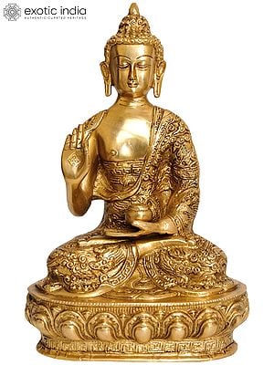 10" Preaching Buddha (Robes Decorated with Auspicious Symbols) In Brass | Handmade | Made In India