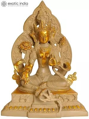 9" Goddess Green Tara  with Decorated Prabhavali (Tibetan Buddhist Deity) In Brass | Handmade | Made In India