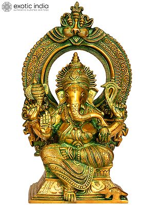 12" Lord Ganesha Idol on Kirtimukha Throne | Handmade Brass Statue | Made in India