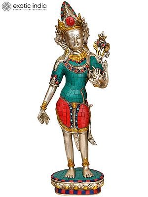 17" Tibetan Buddhist Deity- Standing Tara In Brass | Handmade | Made In India