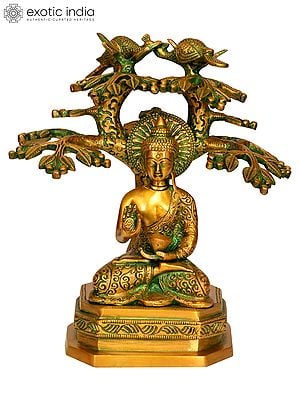 9" Tibetan Buddhist Deity Lord Buddha Under The Bodhi Tree In Brass | Handmade | Made In India