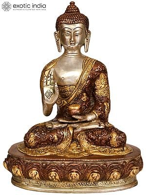 9" Tibetan Buddhist Lord Buddha in Vitark Mudra -Robe Decorated with Life Scenes In Brass | Handmade | Made In India