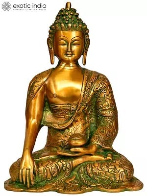 10" Buddhist Lord Buddha in Bhumisparsha Mudra with Life Scenes Carved on Robe | Handmade Brass Statue