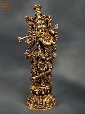 18" Brass Lord Krishna Statue Playing Flute