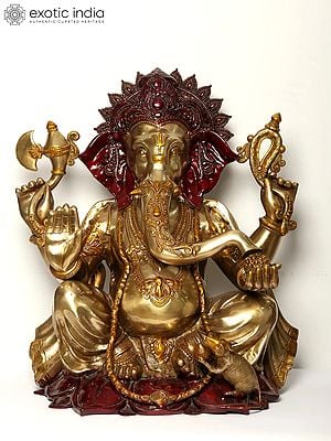 29" Large Size Chaturbhuja Lord Ganesha In Brass | Handmade | Made In India