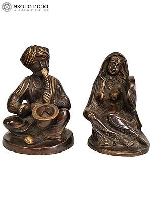 6" Father-Daughter Tribal Musician Duo | Handmade Brass Statue