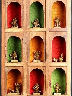 4" Small Brass Navagraha - Nine Planetary Gods (From the left Surya, Chandra, Mangal, Budha, Brihaspati, Shukra, Shani, Rahu and Ketu)