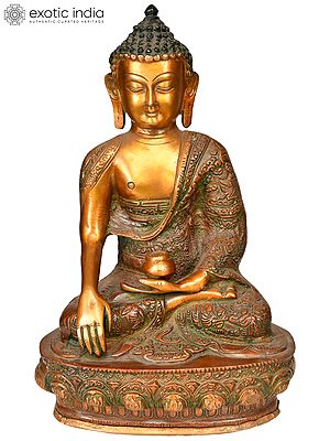 12" The Lord Buddha in Bhumisparsha Mudra (Robes Decorated with the Scenes from His Life) In Brass | Handmade | Made In India