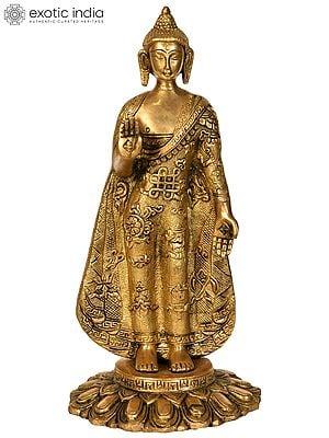 11" Tibetan Buddhist Standing Lord Buddha In Brass | Handmade | Made In India