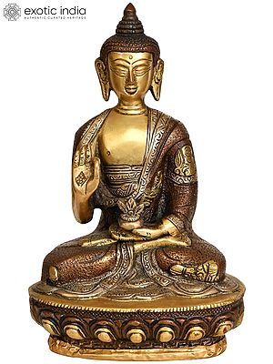 8" Buddhist Deity Preaching Buddha with Carved Robe | Handmade Brass Idol | Made in India