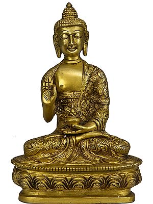 8" Buddhist Deity Preaching Buddha with Carved Robe | Handmade Brass Idol | Made in India