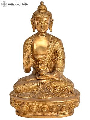 8" Buddhist Deity Preaching Buddha with Carved Robe | Handmade Brass Idol | Made in India