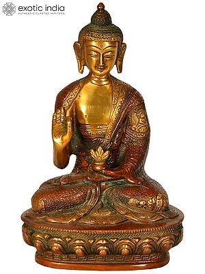 8" Buddhist Deity Preaching Buddha with Carved Robe | Handmade Brass Idol | Made in India