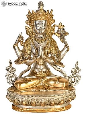 8" Tibetan Buddhist Deity: Chenrezig (Shadakshari Lokeshvara) In Brass | Handmade | Made In India