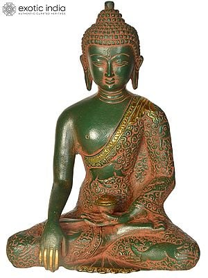 8" Brass Lord Buddha Idol in Earth Touching Gesture Wearing a Carved Robe