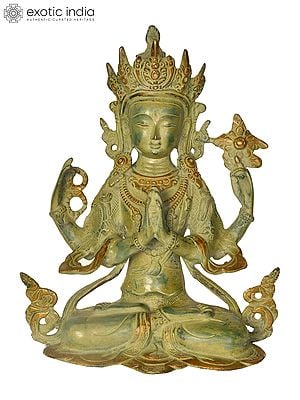 10" Tibetan Buddhist Deity Chenrezig  (Four-Armed Avalokiteshvara) In Brass | Handmade | Made In India