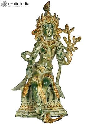 10" Seated Tibetan Buddhist Goddess Tara In Brass | Handmade | Made In India