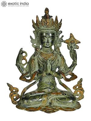 10" Chenrezig - Four Armed Avalokiteshvara (Tibetan Buddhist Deity) In Brass | Handmade | Made In India