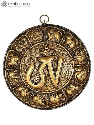 7" OM Surrounded by Twelve Tibetan Zodiac Signs | Handmade Wall Hanging Brass Statue | Made in Nepal