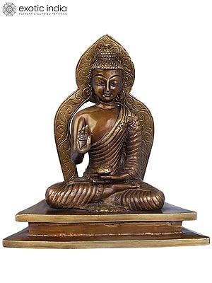 7" Tibetan Buddhist Seated Buddha, Aureole Matching His Silhouette In Brass | Handmade | Made In India