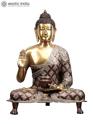 25" Tibetan Buddhist Deity Blessing Buddha Brass Idol | Handcrafted Spiritual Sculpture