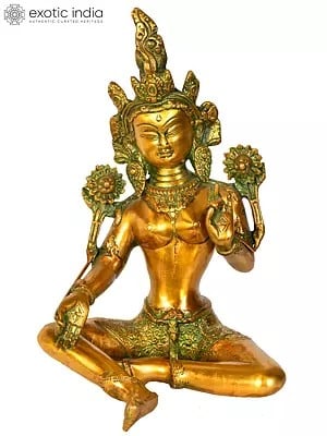 10" Tibetan Buddhist Goddess Green Tara In Brass | Handmade | Made In India