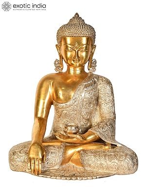 17" Tibetan Buddhist Lord Buddha Wearing a Carved Robe in Earth Touching Gesture In Brass | Handmade | Made In India