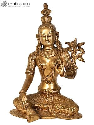 10" Tibetan Buddhist Goddess Green Tara In Brass | Handmade | Made In India