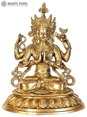 18" Tibetan Buddhist Deity Chenrezig (Four-Armed Avalokiteshvara) In Brass | Handmade | Made In India