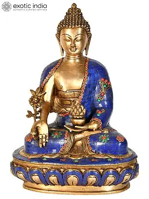 16" Bhishajyaguru Brass Statue with Blue Inlay – Handmade Tibetan Buddhist Deity Idol
