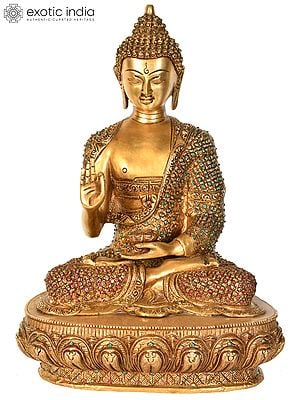 16" Tibetan Buddhist Lord Buddha in Vitark Mudra with Auspicious Mantras on The Back Side In Brass | Handmade | Made In India