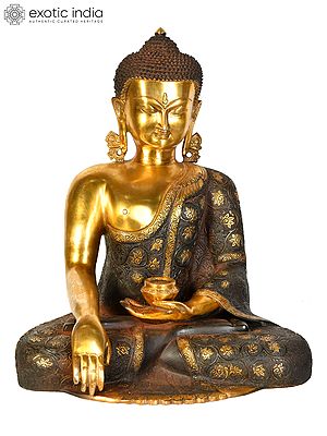 17" Lord Buddha Wearing a Carved Robe (Tibetan Buddhist) In Brass | Handmade | Made In India