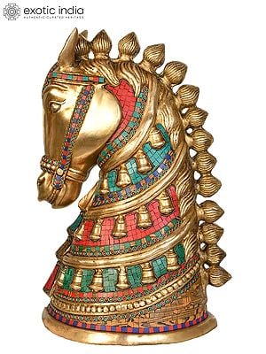 Royal Horse Head Brass Figurine with Intricate Inlay Work