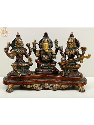 6" Small Lakshmi Ganesha and Saraswati Brass Sculpture
