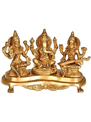 6" Small Lakshmi Ganesha and Saraswati Brass Sculpture